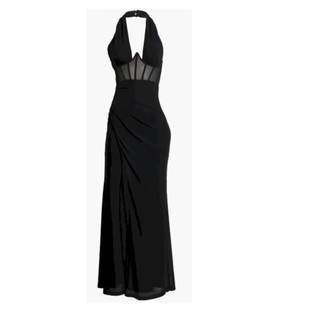 Never-Ending Glamour Black Mesh Cross-Front Halter Maxi Dress Size XS NWOT - Picture 2 of 13